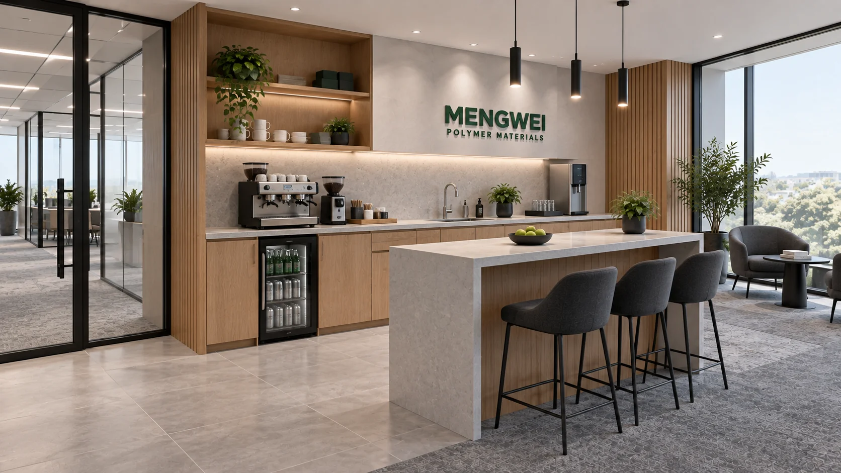 Refreshment-area with coffee machine, drinks fridge, breakfast bar and window-side seats