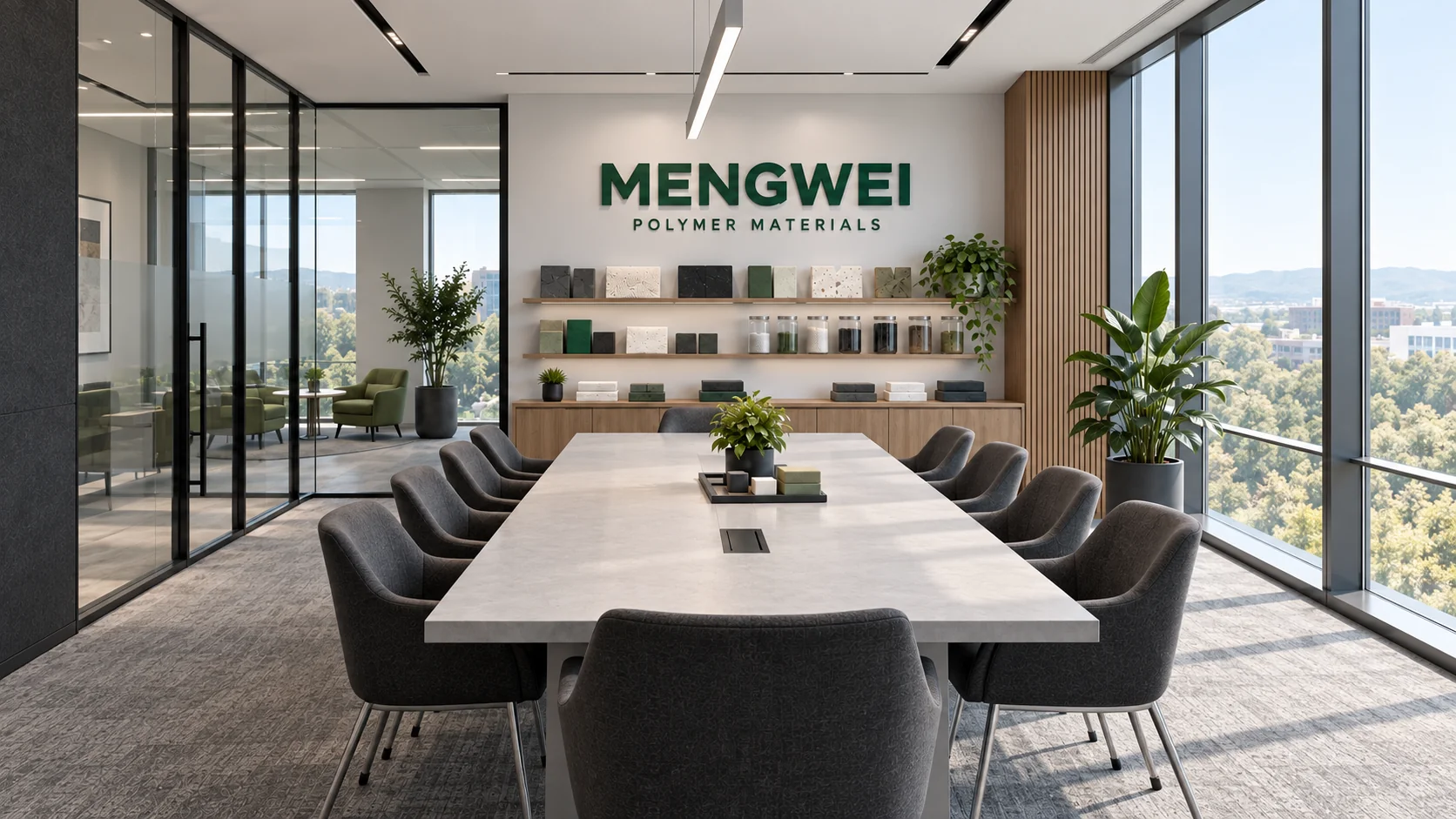 Conference-room with a long grey table, charcoal chairs and a branded material display wall