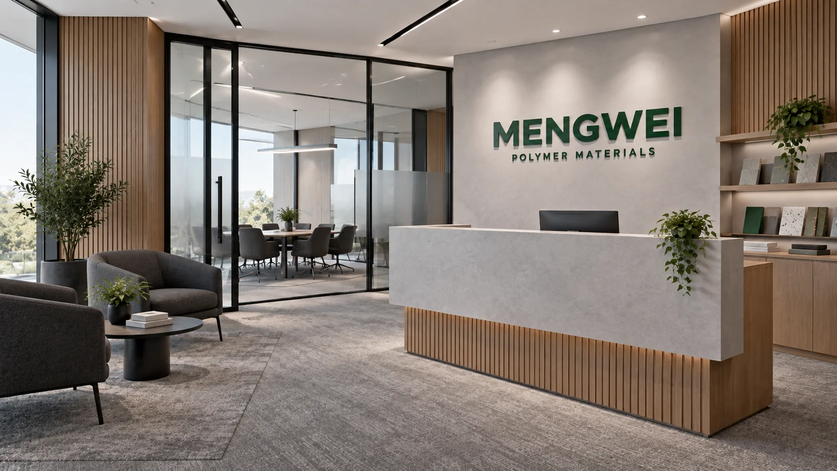 Reception with green MENGWEI lettering, a grey counter and wood finishes