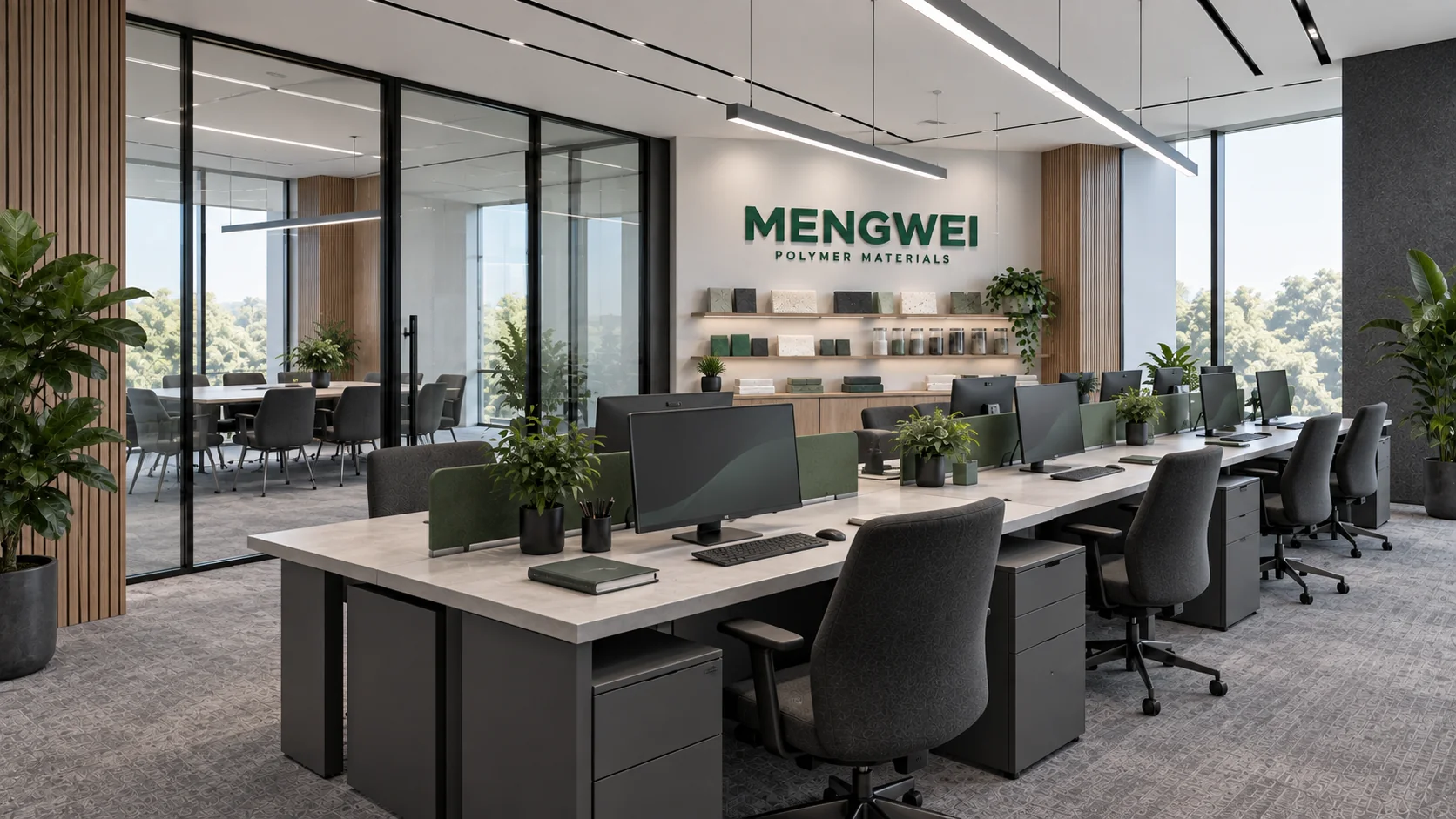 Open-office with grey desks, charcoal chairs, green dividers and glass partitions
