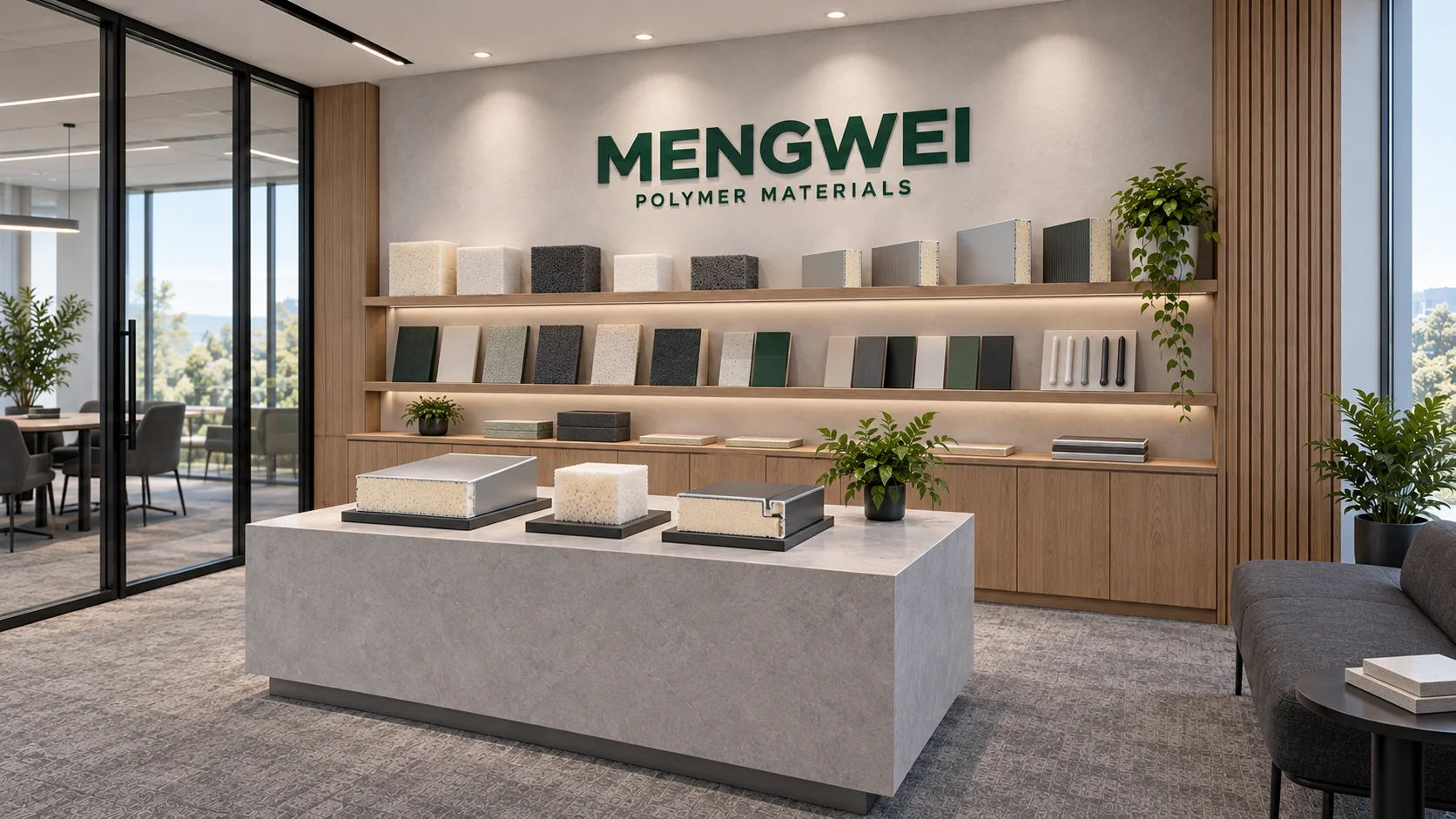 Material gallery with foam blocks, insulated panel sections and coating sample boards
