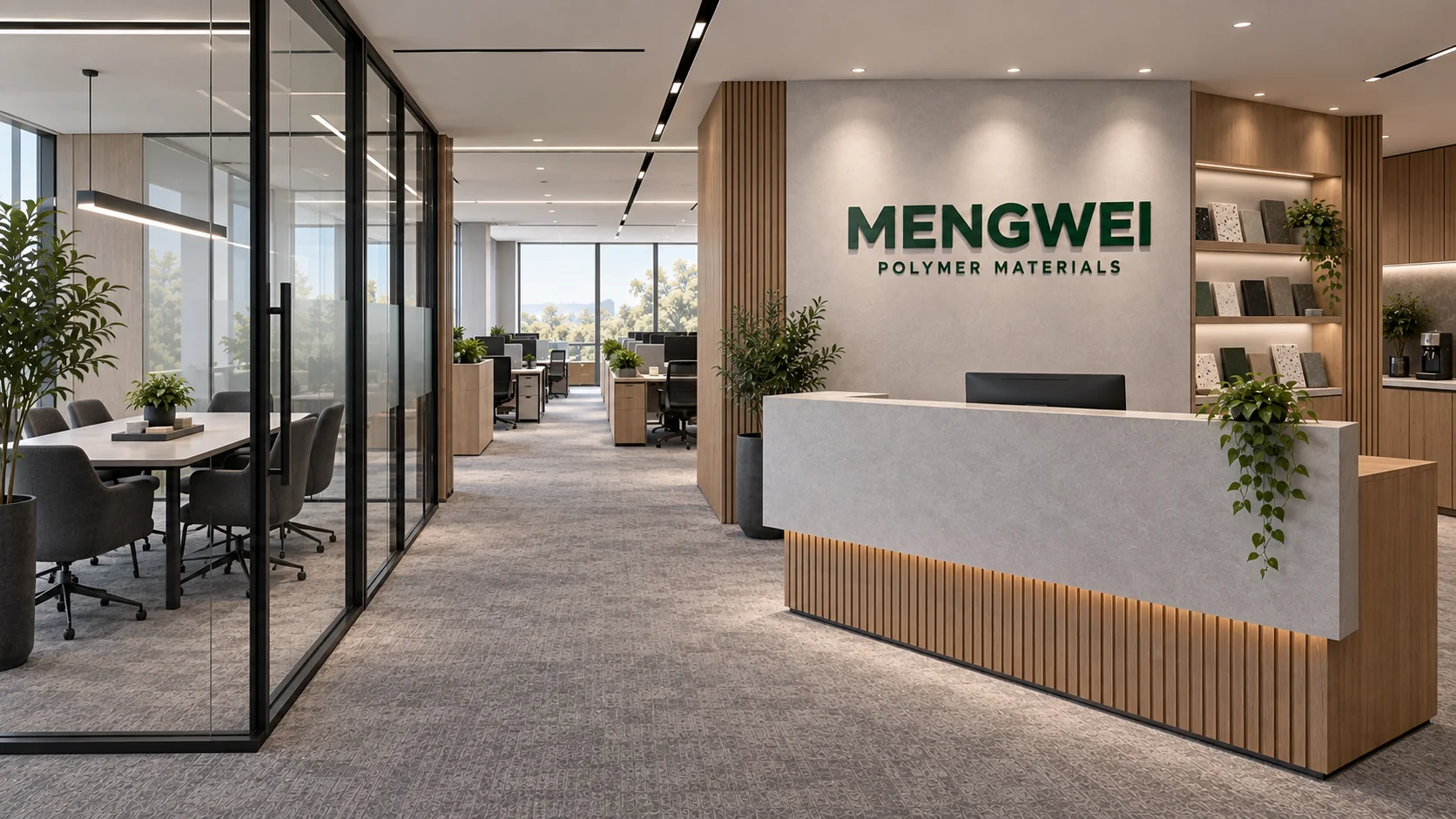 Office with reception on the right, a glass meeting room on the left and workstations beyond